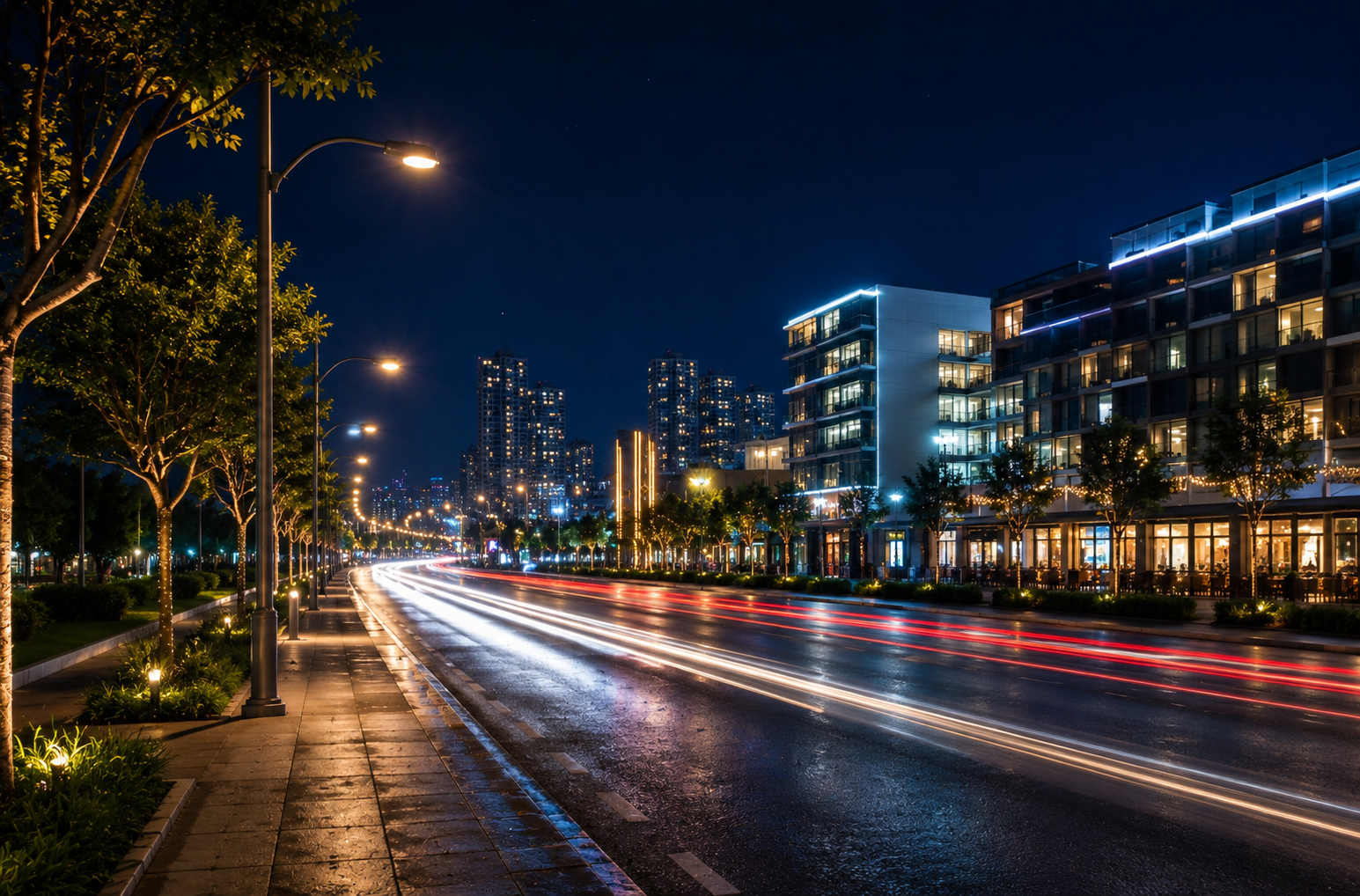 A city street at night with light trails from passing traffic and illuminated buildings